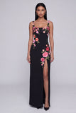 Black Floral Square Neck Sheath Long Formal Dress with Slit