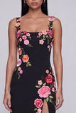 Black Floral Square Neck Sheath Long Formal Dress with Slit