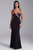 Black Mermaid Floral Square Neck Long Formal Dress