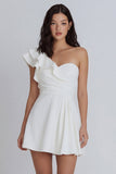 Ivory A-Line One Shoulder Ruched Mini Dress with Ruffles