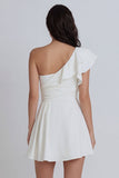 Ivory A-Line One Shoulder Ruched Mini Dress with Ruffles