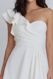 Ivory A-Line One Shoulder Ruched Mini Dress with Ruffles