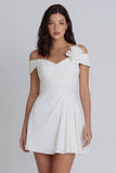 Ivory Cold Shoulder Ruched A-Line Mini Dress with 3D Flower