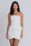 Satin Ivory Strapless Ruched Bodycon Mini Dress with Ruffles