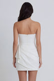 Satin Ivory Strapless Ruched Bodycon Mini Dress with Ruffles
