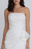 Satin Ivory Strapless Ruched Bodycon Mini Dress with Ruffles