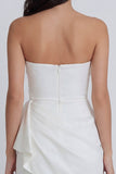 Satin Ivory Strapless Ruched Bodycon Mini Dress with Ruffles