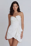 Ivory Strapless Bodycon Ruched Mini Dress with Ruffles