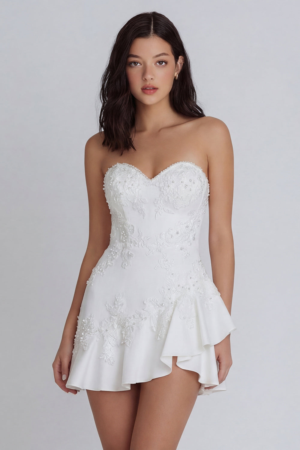 ZAPAKA Women Little White Dress Sweetheart Mini Dress A-Line Appliqued Beaded Graduation Dress with Ruffles, Ivory / US10
