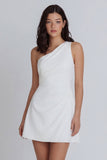 A-Line One Shoulder Ruched Little White Dress