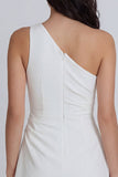 A-Line One Shoulder Ruched Little White Dress