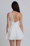 A-Line One Shoulder Tulle Ruched White Mini Dress with Ruffles