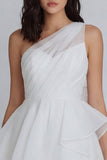 A-Line One Shoulder Tulle Ruched White Mini Dress with Ruffles