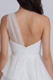 A-Line One Shoulder Tulle Ruched White Mini Dress with Ruffles