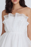 A-Line Tulle Strapless Ruched Pleated Little White Dress with Bow