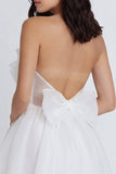 A-Line Tulle Strapless Ruched Pleated Little White Dress with Bow
