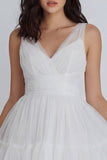 Tulle A-Line Ivory V-Neck Ruched Mini Dress