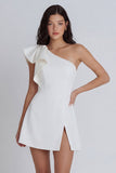Ivory A-Line One Shoulder Ruffled Mini Dress with Slit