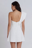Ivory A-Line One Shoulder Ruffled Mini Dress with Slit