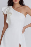 Ivory A-Line One Shoulder Ruffled Mini Dress with Slit