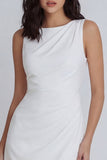 Ivory Bodycon Round Neck Ruched Mini Dress