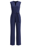 Navy V-Neck Sleeveless Formal Jumpsuit with Belt