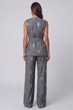 Dark Grey V-Neck Two-Piece Sequin Work Suits with Belt