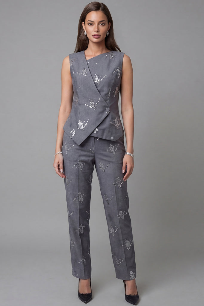 Zapaka Women Dark Grey Work Suits One-Button Sequin Sleeveless Two ...