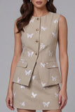 Khaki Single-Breasted Floral 2-piece Work Suits
