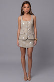 Khaki Square Neck Single-Breasted Floral 2-piece Work Suits