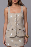 Khaki Square Neck Single-Breasted Floral 2-piece Work Suits