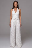 Ivory Halter Lace Embroidered Two-Piece Work Suits