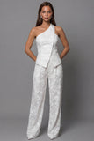 Ivory Lace Embroidered Two-Piece Work Suits with Neck Scarf