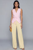 Pink and Yellow V-Neck Two-Piece Work Suits
