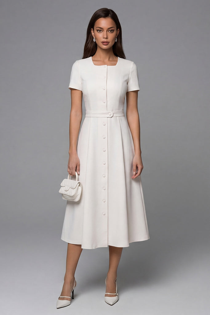 ZAPAKA Women Ivory Work Dress Short Sleeve A Line Midi Business Dress
