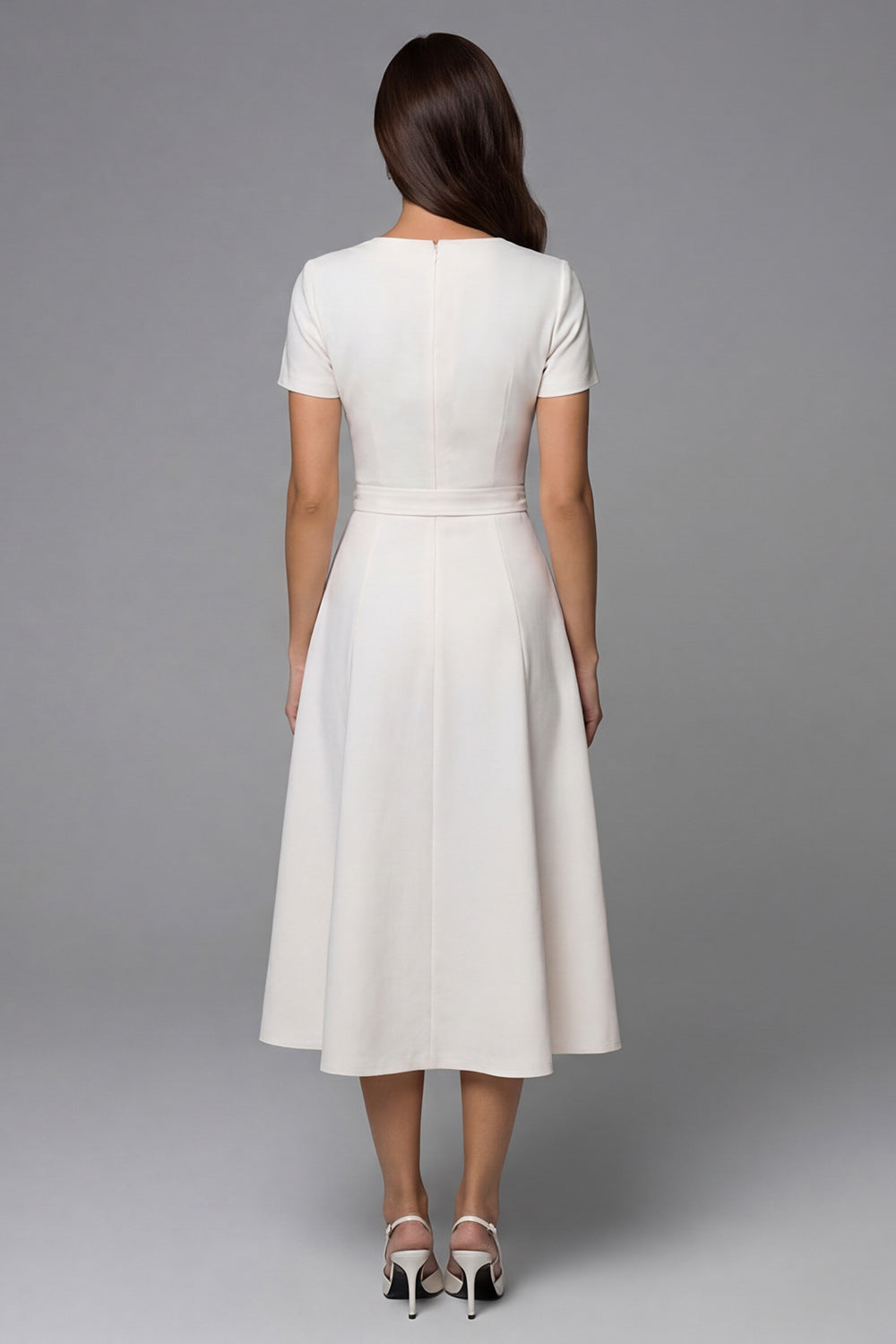 ZAPAKA Women Ivory Work Dress Short Sleeve A Line Midi Business Dress