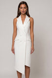White Peaked Lapel Double-breasted Sheath Asymmetrical Work Dress