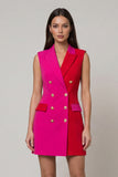 Fuchsia and Red Peaked Lapel Double-breasted Sheath Work Dress