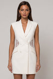 White Peaked Lapel Bouble-breasted Lace Sheath Short Work Dress