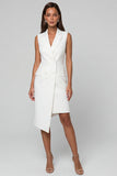 White Notched Lapel Double-breasted Asymmetrical Work Dress
