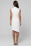 White Notched Lapel Double-breasted Asymmetrical Work Dress