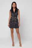 Black Peaked Lapel Double Breasted Short Polka Dots Work Dress