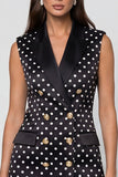 Black Peaked Lapel Double Breasted Short Polka Dots Work Dress
