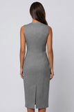 Grey V-Neck Double-breasted Sheath Polka Dot Midi Dress with Slit