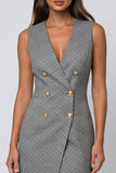 Grey V-Neck Double-breasted Sheath Polka Dot Midi Dress with Slit