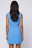 Blue Notched Lapel Short Work Dress with Belt