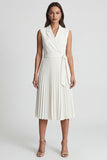 Ivory Notched Lapel Pleated A Line Midi Work Dress with Belt