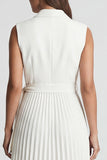 Ivory Notched Lapel Pleated A Line Midi Work Dress with Belt
