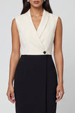 Black and White Shawl Lapel Sheath Midi Work Dress