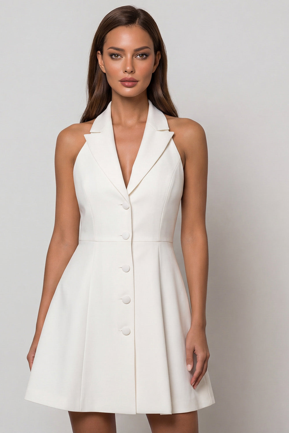 Zapaka Women Halter Work Dress White Single-breasted A Line Short Semi Formal Dress, White / 3XL